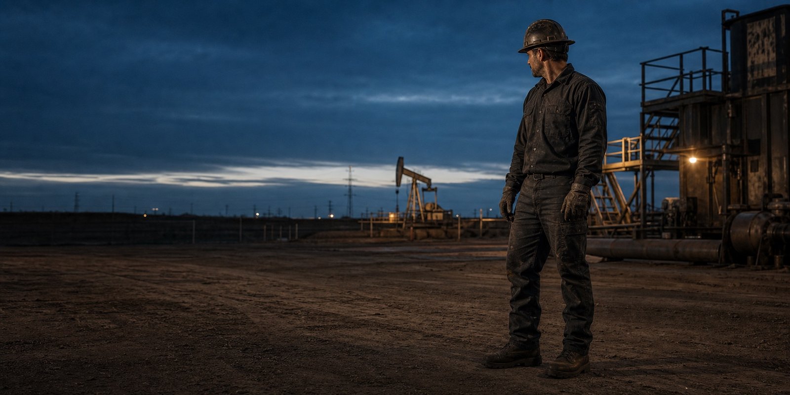 Field technician wearing dark flame-resistant workwear in an industrial yard at blue hour